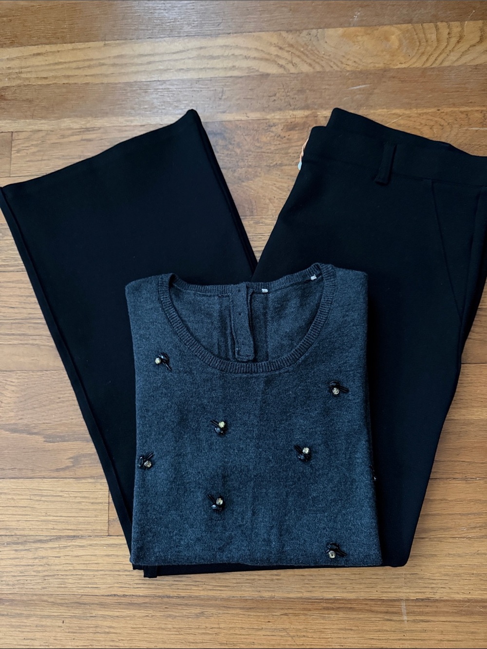Loft dark gray short sleeve sweater with jeweled details. Size S.